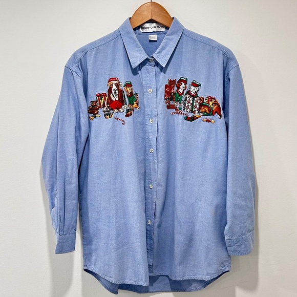 Casey Coleman - Vintage Denim Button Down Festive Holiday Dog Embroidery - L/XL - Picture 2 of 6